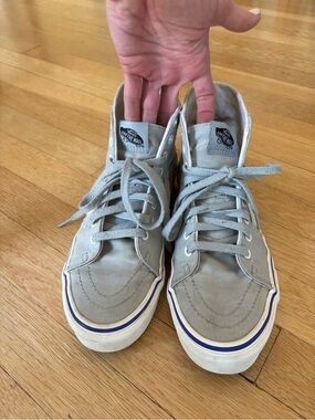 Vans High-Top Skate Sneakers in Light Gray with Blue Stripe